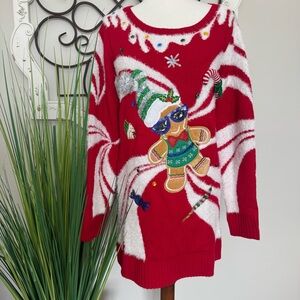 Size Medium Red Women’s Christmas Tunic Sweater with Gingerbread Man